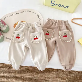 2023 Kış Yeni Bebek Kalınlaşmak Sıcak rahat pantolon Sevimli Kiraz Nakış çocuk pantolonları Bebek Kız Artı Kadife harem pantolon - Görüntü 1  