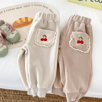 2023 Kış Yeni Bebek Kalınlaşmak Sıcak rahat pantolon Sevimli Kiraz Nakış çocuk pantolonları Bebek Kız Artı Kadife harem pantolon - Görüntü 2  