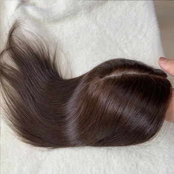 Koyu Kahverengi 45cm 16 * 18cm Yeni Doğal Stil Gerçek Nefes Cilt Tabanı işlenmemiş insan saçı Topper Kadın Peruk Yumuşak İpek Taban - Görüntü 2  