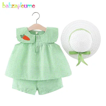 Yaz kıyafetleri Bebek Kostüm Bebek Kız Giyim Sevimli Prenses Kolsuz Ekose T-shirt + Şort + Şapka Yenidoğan Giysileri Set BC1851-1 - Görüntü 1  