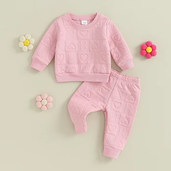 Bebek Kız 2 ADET Kıyafet Setleri Uzun Kollu Crewneck Casual Tops Kalp Mektup Baskı Pantolon - Görüntü 2  