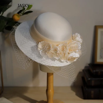 Büyük Saten Kova Şapka Fascinator Kap Başlığı Çiçek Yüz Peçe Düğün Şapka Gelin Zarif Kilise Parti Fedoras saç aksesuarları - Görüntü 2  