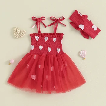 Bebek Bebek Kız Sevgililer Günü Kıyafetler Sevimli Kalp Baskı Elbise ile saç bandı seti 2 Adet Bahar Giysileri - Görüntü 1  