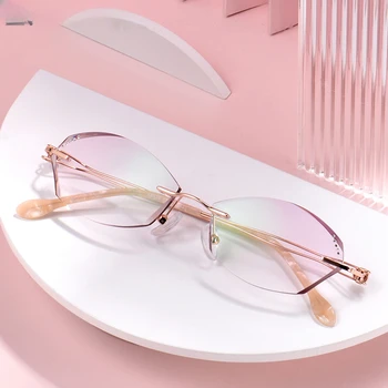Kristal Tasarımcı Gözlük Kadınlar Çerçevesiz Gözlük Çerçeve Degrade Pembe Lensler Kadın Miyopi Reçete Okuma Gözlükleri - Görüntü 1  