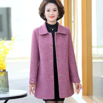 Yün Palto Kadın Moda Orta Yaşlı Anne Bahar sonbahar ceketi Kadın Rahat Sıcak Giyim Bayanlar 5XL - Görüntü 1  