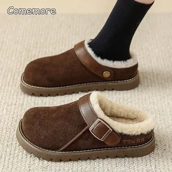 Comemore Yeni Kadın Platformu pamuklu ayakkabı 2024 Süet Sıcak Slaytlar Kabarık Kürklü Kadın Terlik Kış Kürk Düz Peluş Katır Ayakkabı 40 - Görüntü 1  