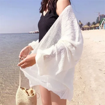 Fransız Tarzı İnce Örme Hırka Kadın Retro Gevşek Güneş Koruyucu Uzun Kollu Bluz Kadın 2024 Yaz Günlük Giyim Plaj Bayanlar Üst - Görüntü 2  