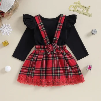 Noel Elbise Kızlar için Mektup Baskı Uzun Kollu Romper ve Ekose Askı Etek Sonbahar Bahar Giysileri Kıyafetler - Görüntü 2  