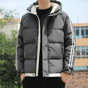 Erkek pamuklu ceket Yeni Kış Sıcak ve Kalınlaşmış Rahat Kapşonlu Düz Renk Kore Moda Ceket - Görüntü 1  