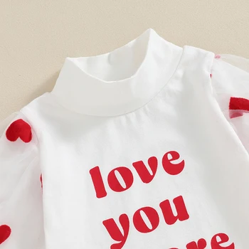 Bebek Bebek Kız Sevgililer Günü Kıyafetler Tatlı Kalp Baskı Örgü Uzun Kollu Romper Tops Flare Pantolon 2 Adet Giysi Set - Görüntü 2  