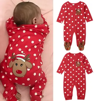 Benim İlk Noel Yenidoğan Bebek Kız Erkek Giysileri Polka Dot Geyik Baskı Romper Tulum Kıyafetler 0-18M - Görüntü 1  