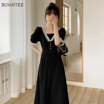 Elbise Kadınlar Zarif Yaz A-line İnce Dantel Siyah Vestidos Ofis Bayan Kare Yaka Kore Tarzı Tatlı Puf Kollu Moda Şık - Görüntü 1  