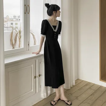 Elbise Kadınlar Zarif Yaz A-line İnce Dantel Siyah Vestidos Ofis Bayan Kare Yaka Kore Tarzı Tatlı Puf Kollu Moda Şık - Görüntü 2  