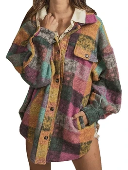 Kadın Sonbahar Kış Retro Ekose Ceket Uzun Kollu Turn-aşağı Yaka Düğme Kapatma Kravat Boya Cepler Gömlek Casual Ceket Dış Giyim - Görüntü 1  