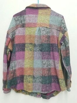 Kadın Sonbahar Kış Retro Ekose Ceket Uzun Kollu Turn-aşağı Yaka Düğme Kapatma Kravat Boya Cepler Gömlek Casual Ceket Dış Giyim - Görüntü 2  