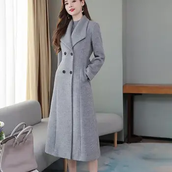 Kadın Yün Ceket Yaka Uzun Kollu Cepler Bel Sıkı Gevşek Hem Kadın Giyim Sonbahar Kış Placket Orta Buzağı Uzunluğu Ceket - Görüntü 1  
