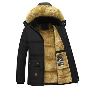 2023 Yeni Erkek Kış Parka Polar Astarlı Kalın Sıcak Kapşonlu Kürk Yaka Ceket Erkek Boyutu 5XL peluş ceket Sonbahar İş Yıpratır Siyah - Görüntü 1  